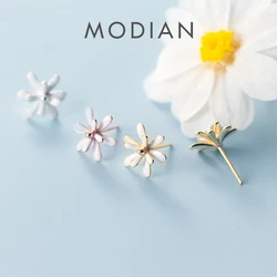 Modian New 925 Strling Sliver Enamel 3 Color Cute Flower Stud Earring for Women Fashion Plant Ear Studs Fine Jewelry Accessories