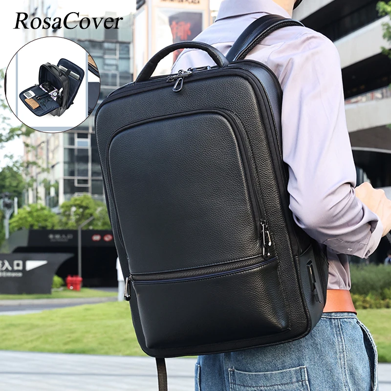 Genuine Cowhide Leather Men's Backpack Luxury Leather with USB Type-C Port Fit 15.6