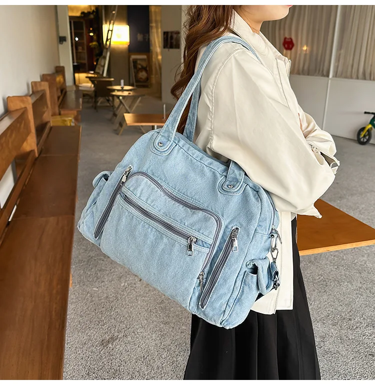 Multi Pockets Denim Big Size Top-handle Handbag 2026 Unisex Teenager Student Casual Korean Street Fabric Y2K School Shoulder Bag