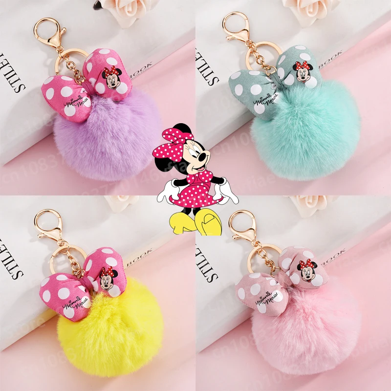 Hot Disney Mickey Mouse Peripheral Plush Series Keychain Cartoon Cute Minnie Polka Dot Bow Furry Ball Bag Pendant Accessory