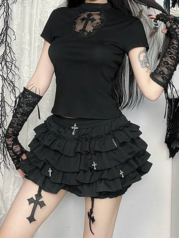กระโปรงทรงบัลเล่ต์ฟูฟ่องสไตล์โกธิค Y2K Subculture Bla Cross Cake สำหรับผู้หญิง ฤดูร้อน เอวสูงทรงเอ