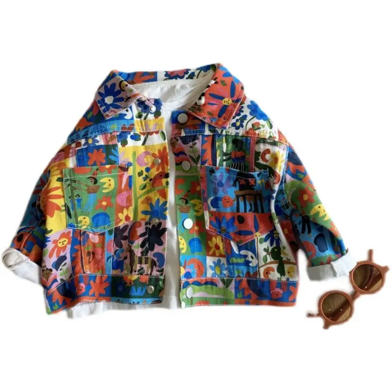 Boy's Full Printed Dark Cell Pattern Coat Children's 2022 Spring New Female Treasure Floral Jacket