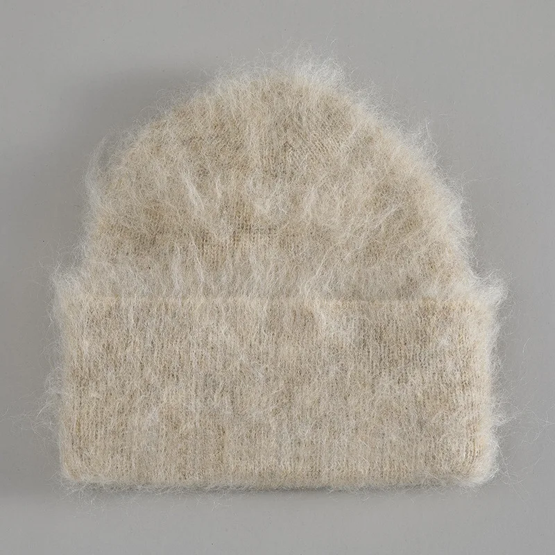 Soft Alpaca Wool Greyish Simple Versatile Knit Fleece Warm Brimless Beanie Women Hat