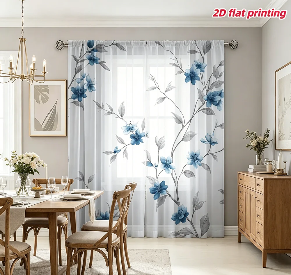 2PCS Digital Print Sheer Curtains, Grey Leaf Blue Flower Pattern, Morandi Color Style for Living Room Bedroom Window Decor