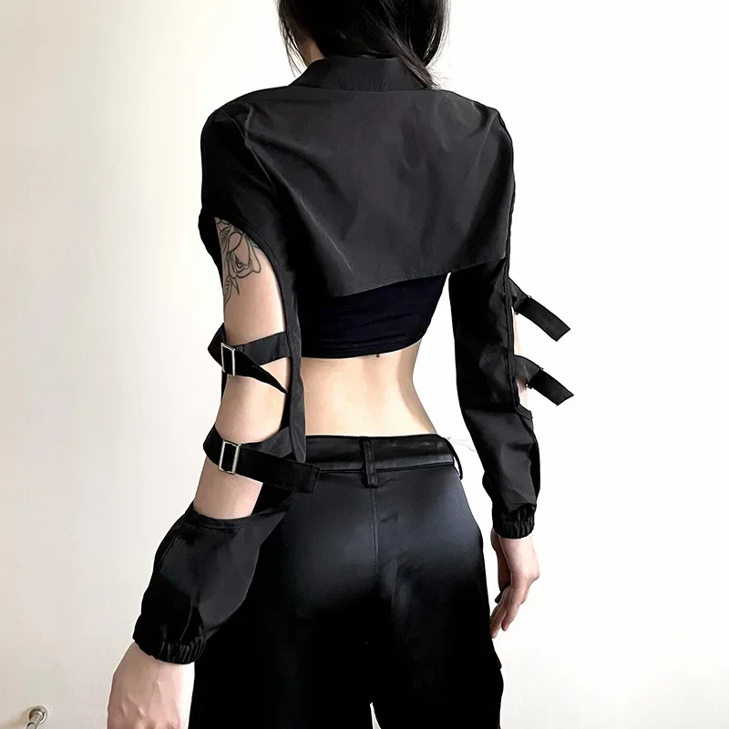 2025 New Retro Dark Hollow Out Techwear Cargo Cardigans Cyber Gothic Zip Up Sexy Crop Jackets Y2k Punk Turtleneck Streetwear Top