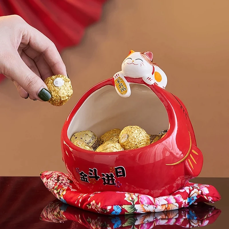 Caixa de doces de gato de sorte de cerâmica caixa de armazenamento de gato de sorte bonito caixa de dinheiro decoração de casa chinesa para atrair riqueza e boa sorte