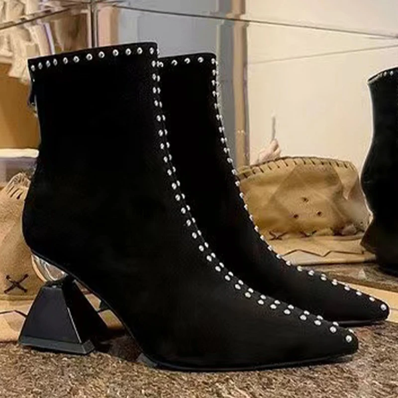 

2023 Suede Ankle Chelsea Boots Winter New Trend High Heels Shoes Pointed Toe Goth Boots Chunky Motorcycle Mujer Snow Botas Pumps