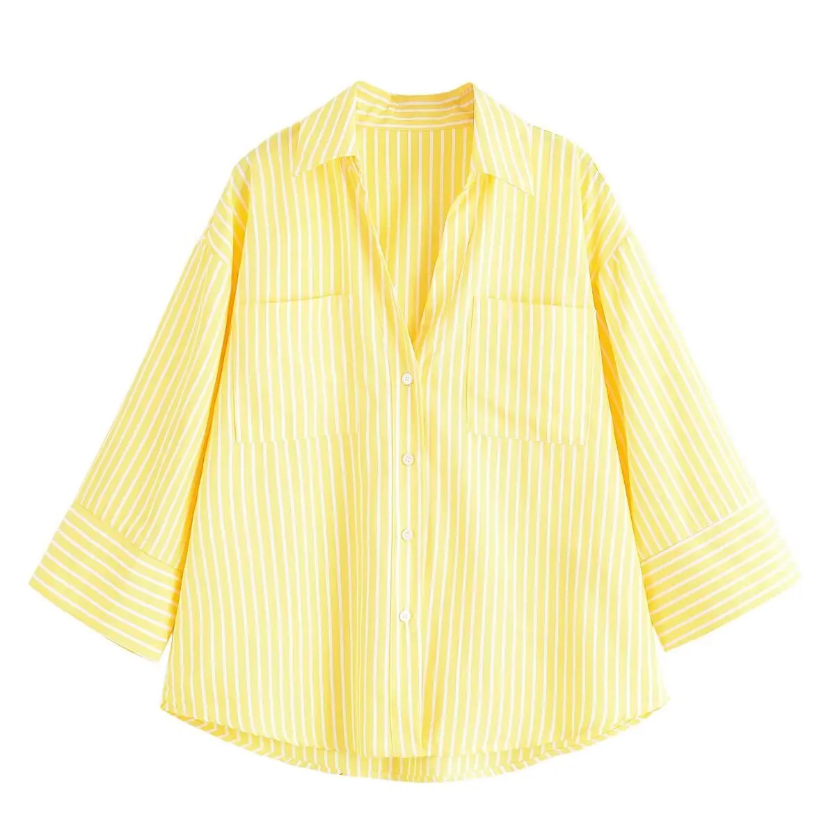 

Topenomi Yellow Striped Wide Sleeve Shirt Women 2025 Autumn Casual V Neck Single Breasted Tops Simple Fashion Versatile Blouse