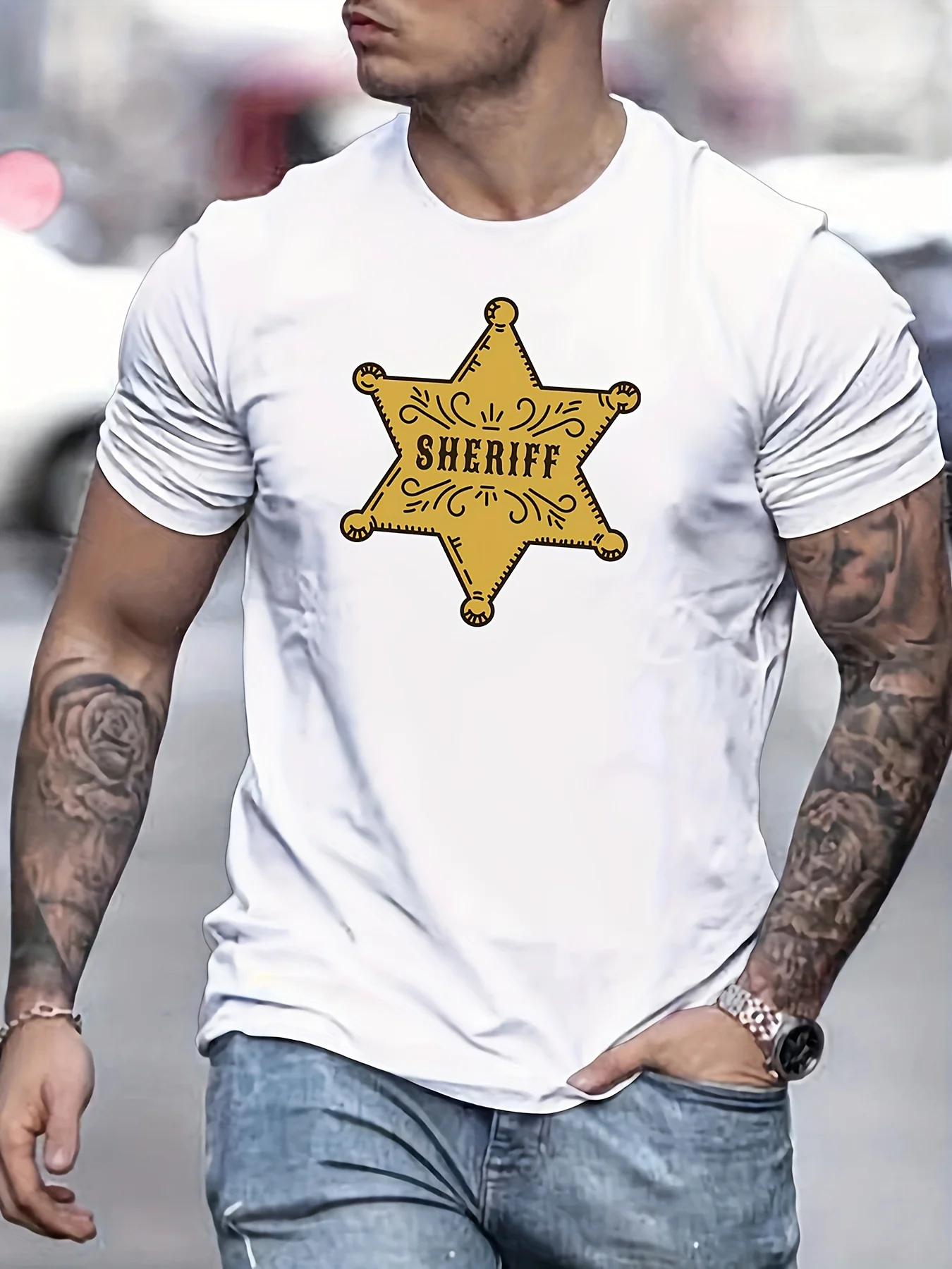 

Мужская футболка с принтом «Шериф», футболки для мужчин, футболка с коротким рукавом для лета, унисекс, уличная одежда, повседневная футболка