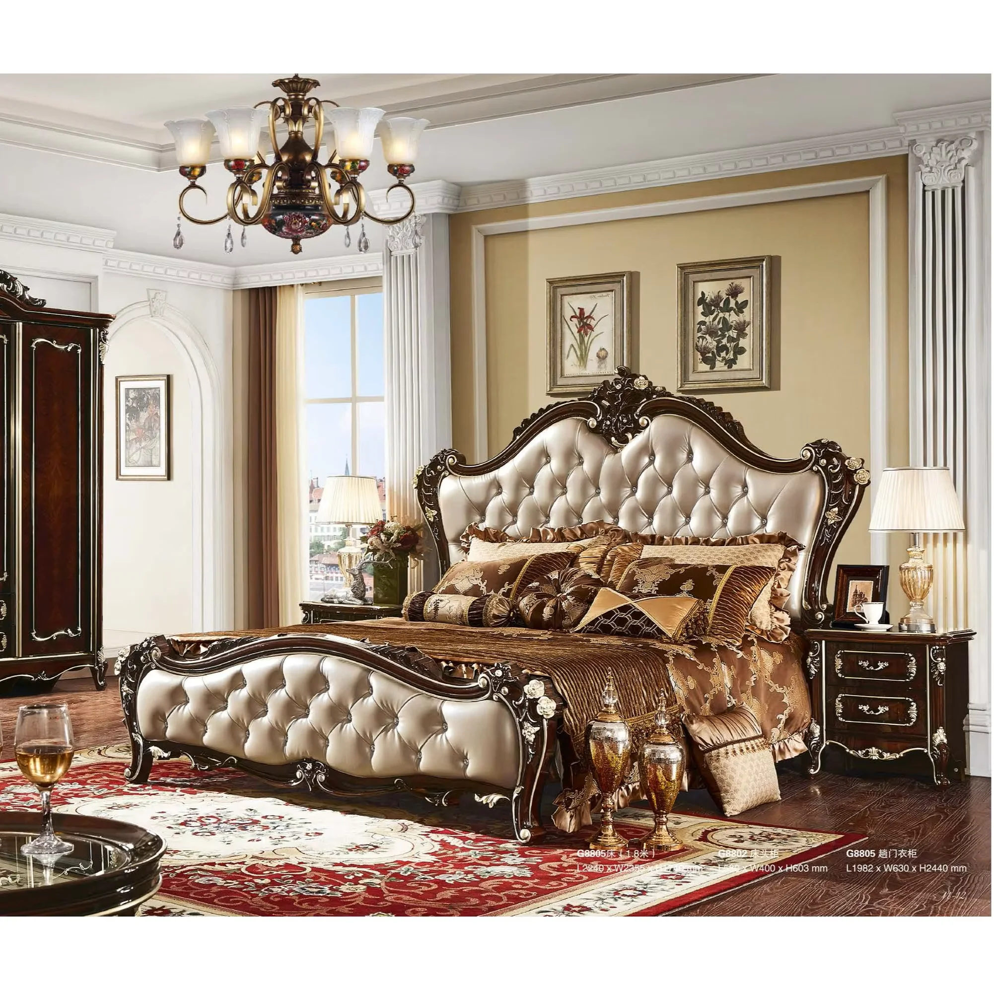 

For European Antique Wooden Bedroom Bed Furniture Sets French Royal Classical Carved Solid Wood Leather king Size Double Bed