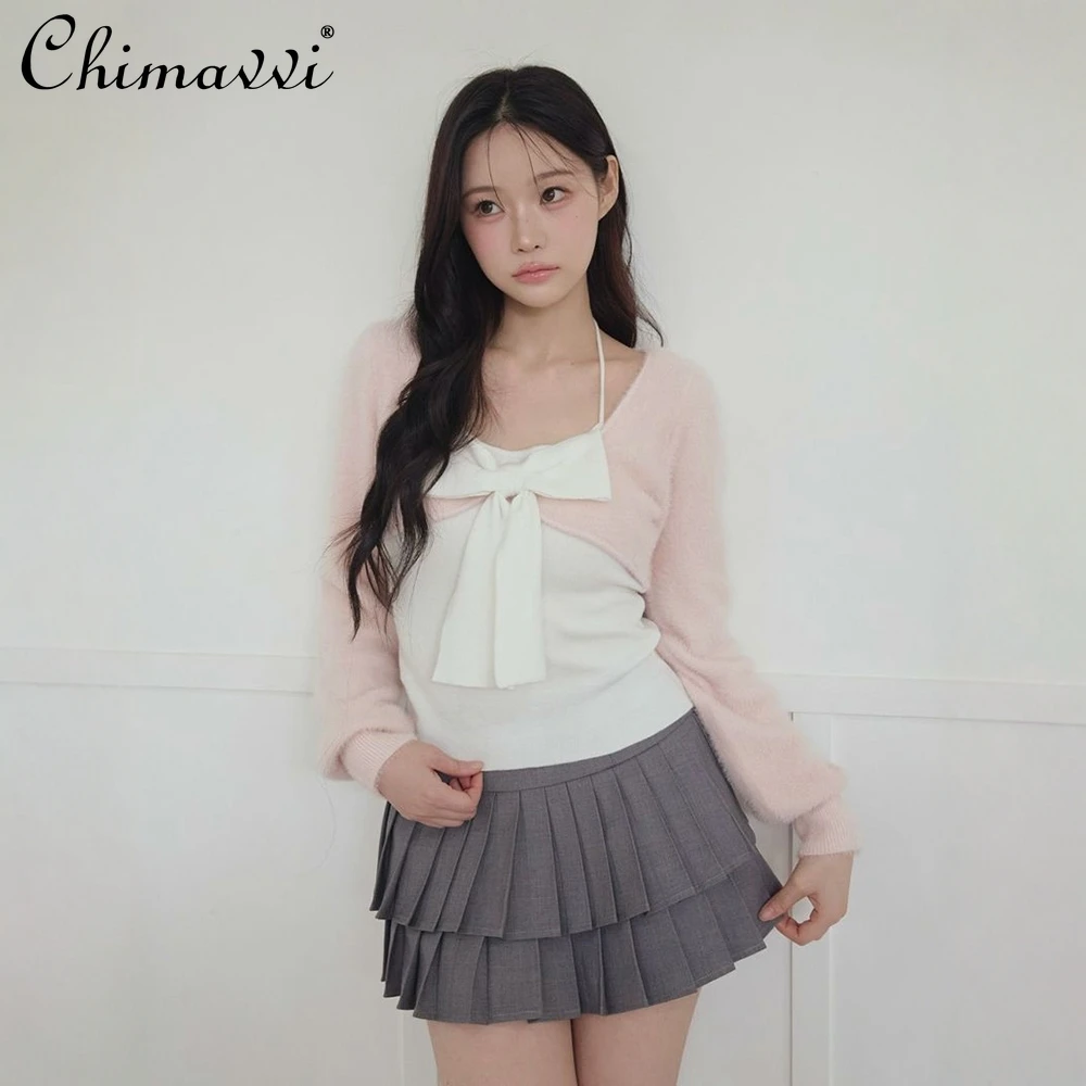 

Japanese Fashion Chest 3D Large Bow Decoration Sweater Spring and Autumn New Sweet Lace-Up Knitted Long Sleeve Top Two-Piece Set