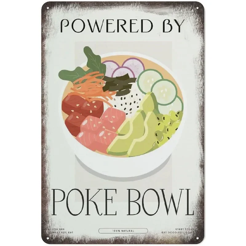 Powered By Poke Bowl Art Poster Food Market Poster Dining Fun Office Wall Poster Coffee Bar  Matal Tin Sign Cubicle Decor