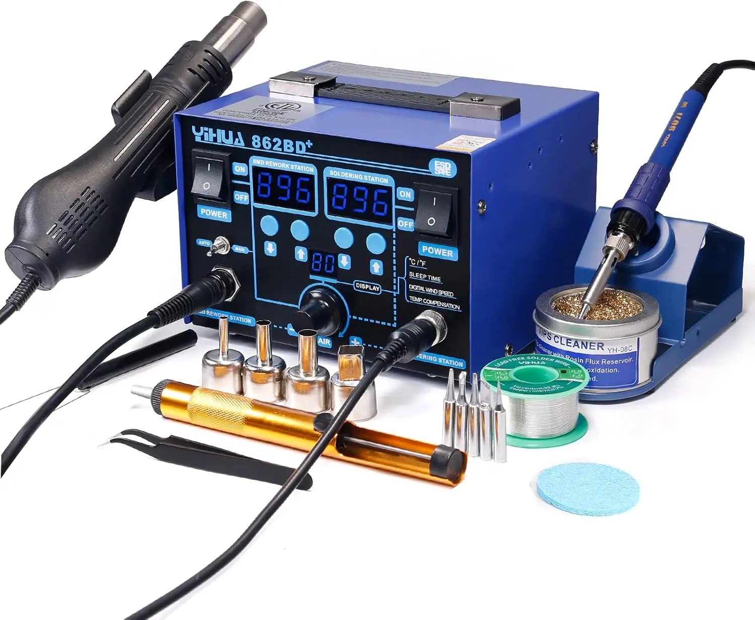 862Bd+ Smd Esd Safe 2 In 1 Soldering Iron Hot Air Rework Station °F /°C With Multiple Functions