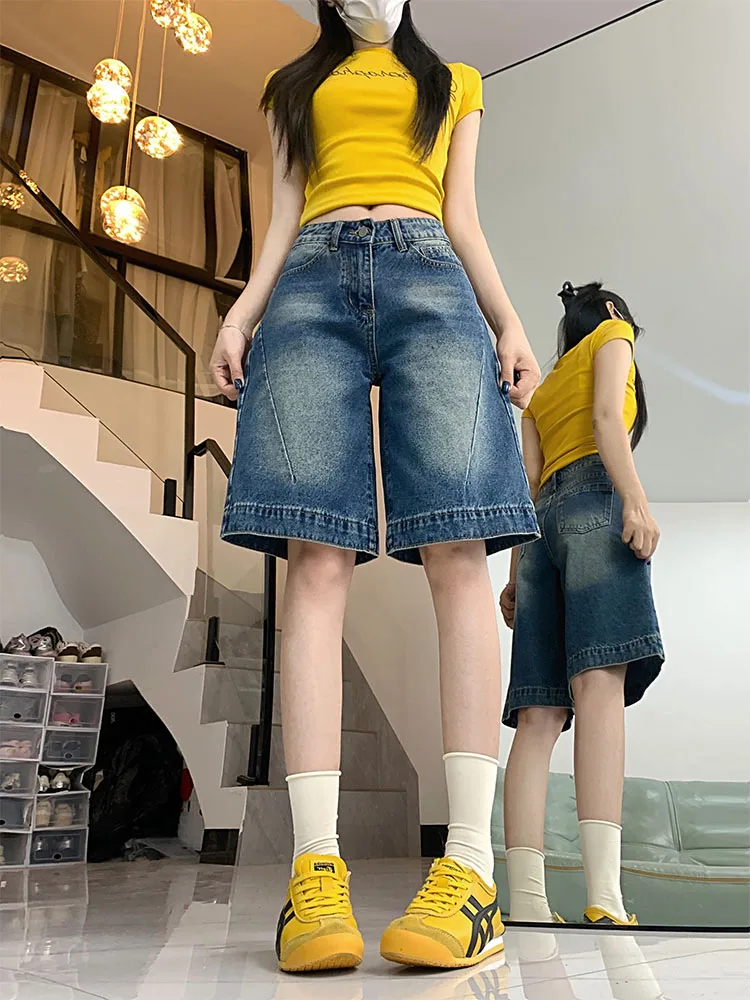 

Широкие брюки с высокой талией Five Inch orts Женские джинсовые рта Летние свободные джинсы прямого кроя Повседневные широкие брюки с высокой талией