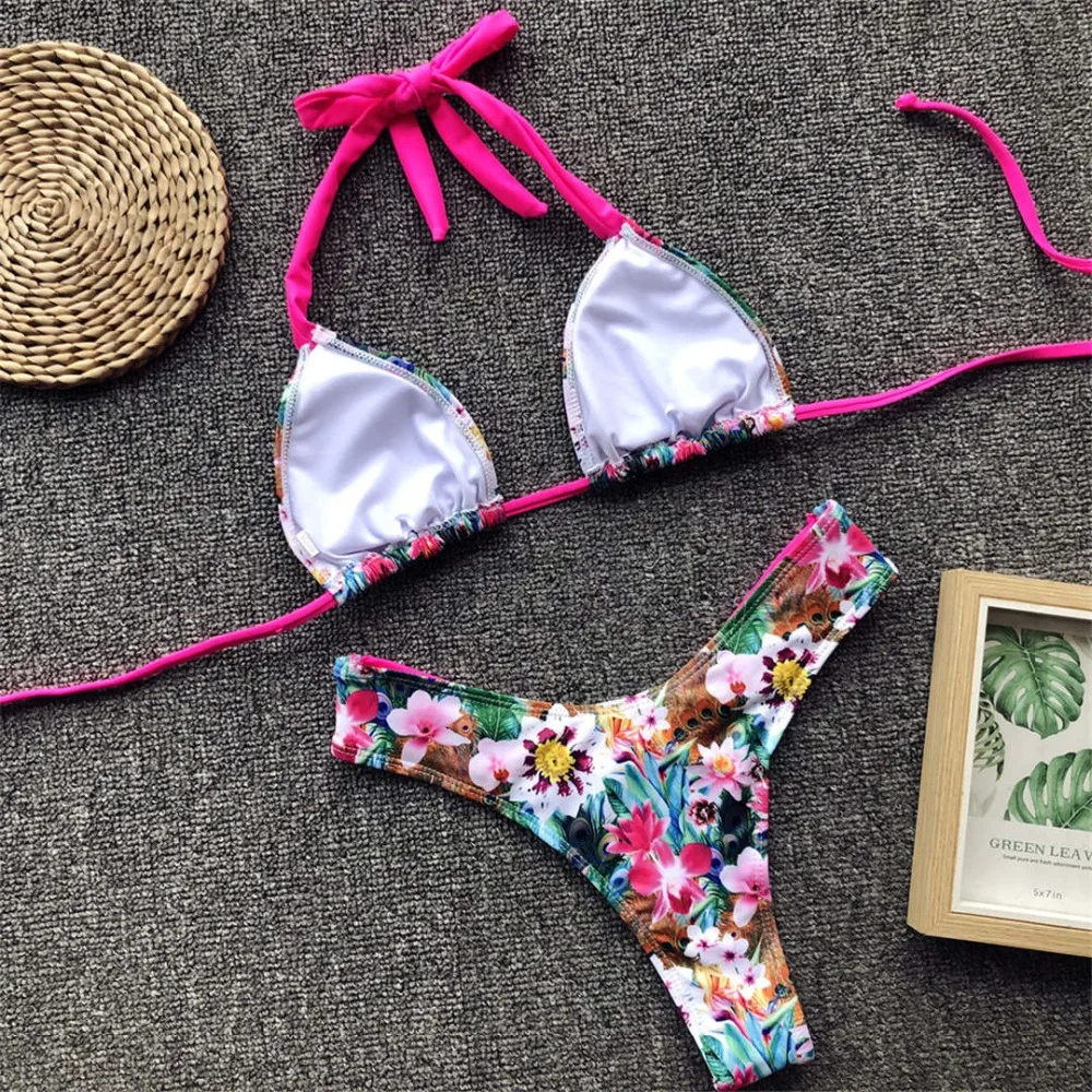 Neues zweiteiliges Bikini-Set, gelb-rosa, mit floralem Muster, brasilianischer Bikini, Damen-Badebekleidung, Badeanzug, Badebekleidung, V1199. – Detail 13