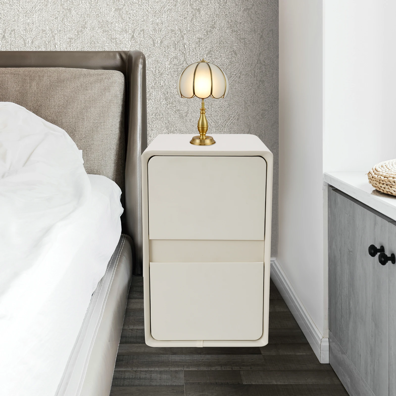 

Modern White Nightstand with Two Silent Slide Rail Drawers No Assembly Bedside Table for Bedroom Living Room, Storage Cabinet