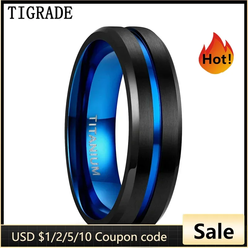 Tigrade Titanium Ring 6mm 8mm 10mm Black Blue Centre Groove Wedding Band Comfort Fit Matte for Men Women