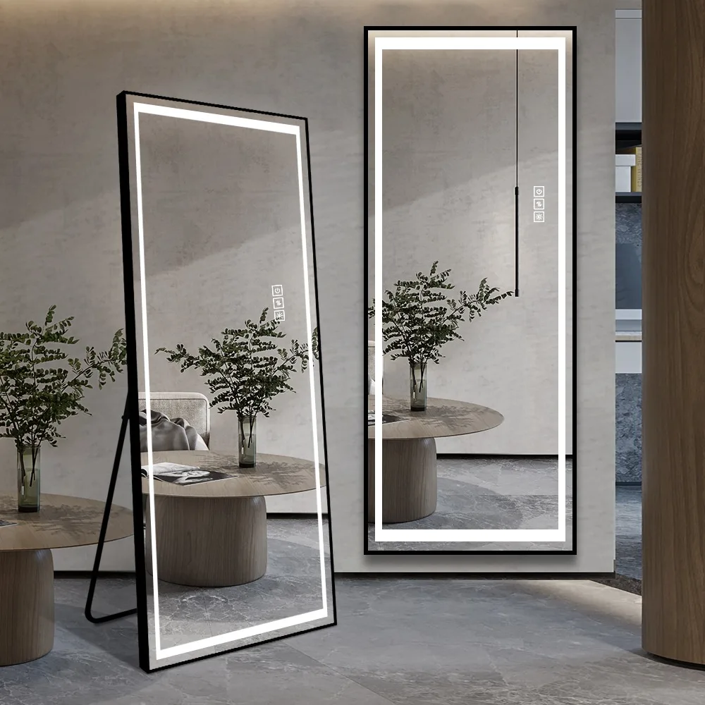 LED Mirror Full Length with Lights Wide Standing Tall Full Size Mirror for Full Body Large Floor Dressing Lighted Mirror