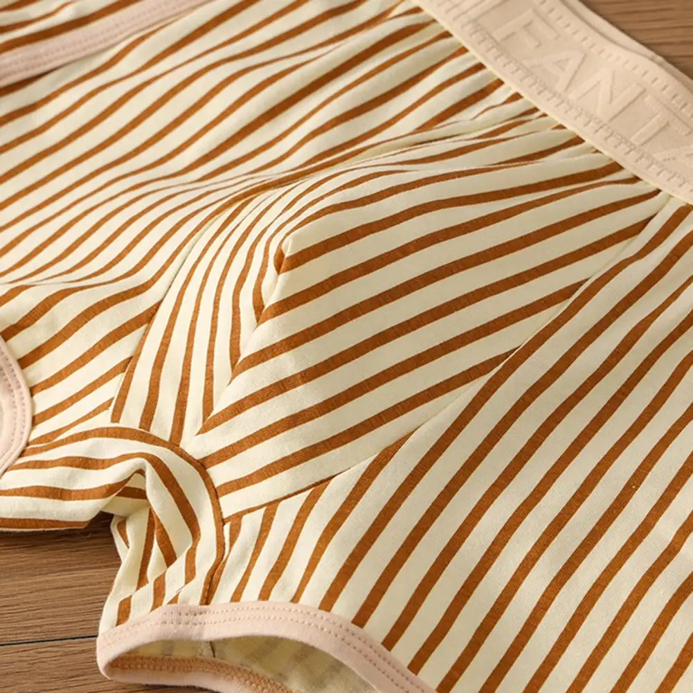 

For Daily Wear Men Boxer Underwear Mid-rise Elastic Waist Shorts Briefs U-Convex Design Striped Print Breathable Men Panties