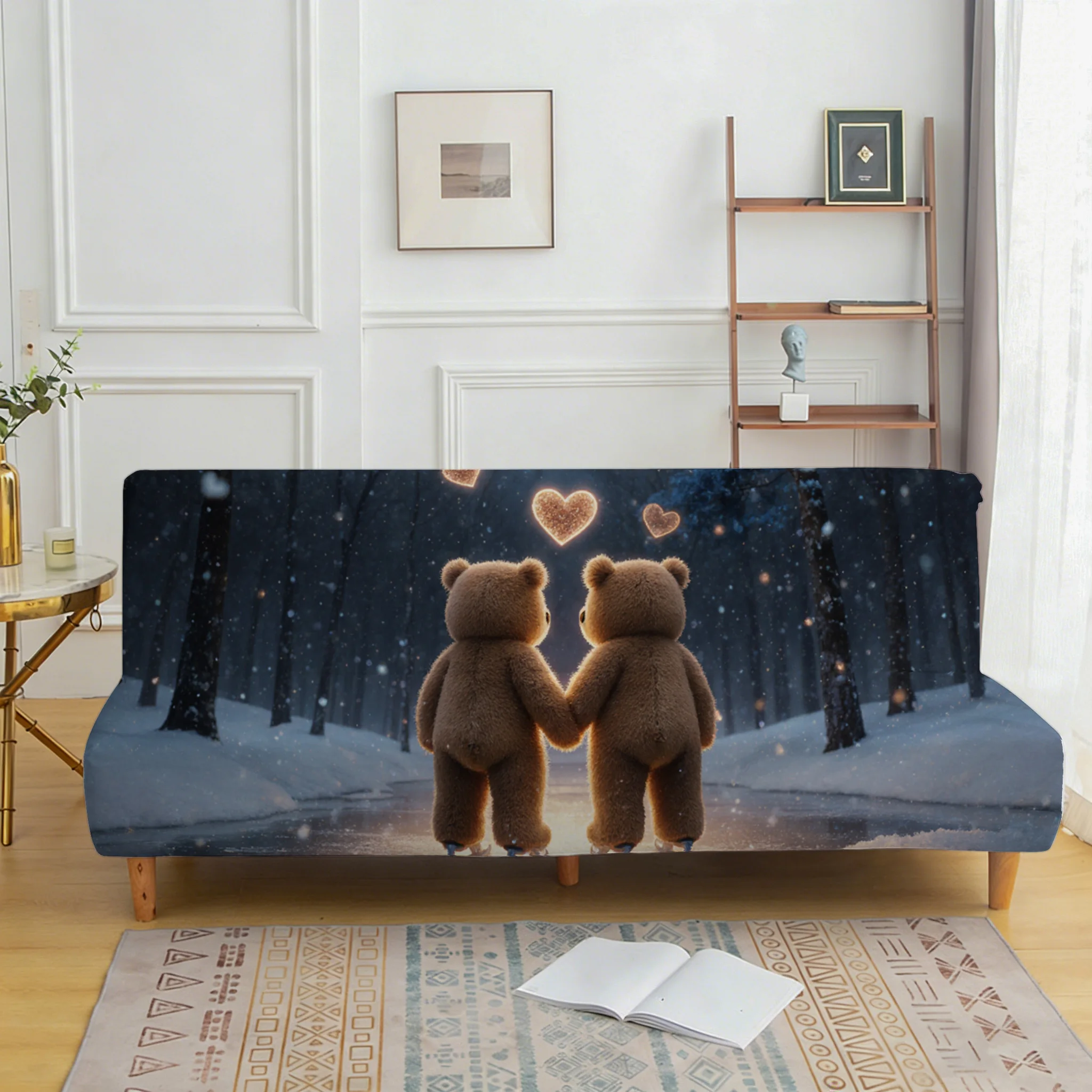 Winter skating bear sofa bed cover, non-slip and scratch-proof furniture protective cover, all-inclusive elastic dust cover