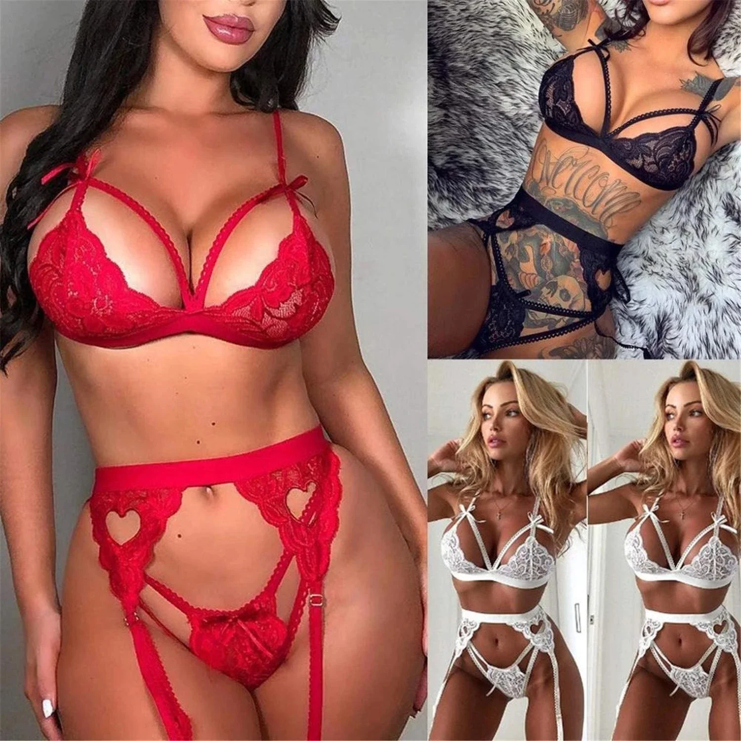 Modna, czerwona bielizna erotyczna typu babydoll, seksowna damska koronkowa bielizna, top na ramiączkach, stringi, zestaw biustonosza i majtek, oddychająca odzież porno.