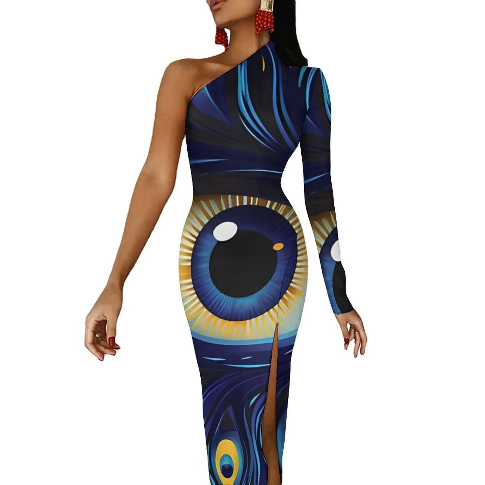 Vestido largo azul contra el mal de ojo para mujer, vestido Maxi de estilo callejero con estampado abstracto, Vestidos ajustados sexis de primavera, Vestidos personalizados con abertura larga