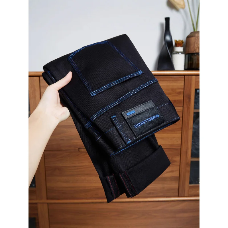 

Черные джинсы мужские осенний тренд, легкая роскошная мода, контрастные цвета, яркий нить, эластичные повседневные брюки