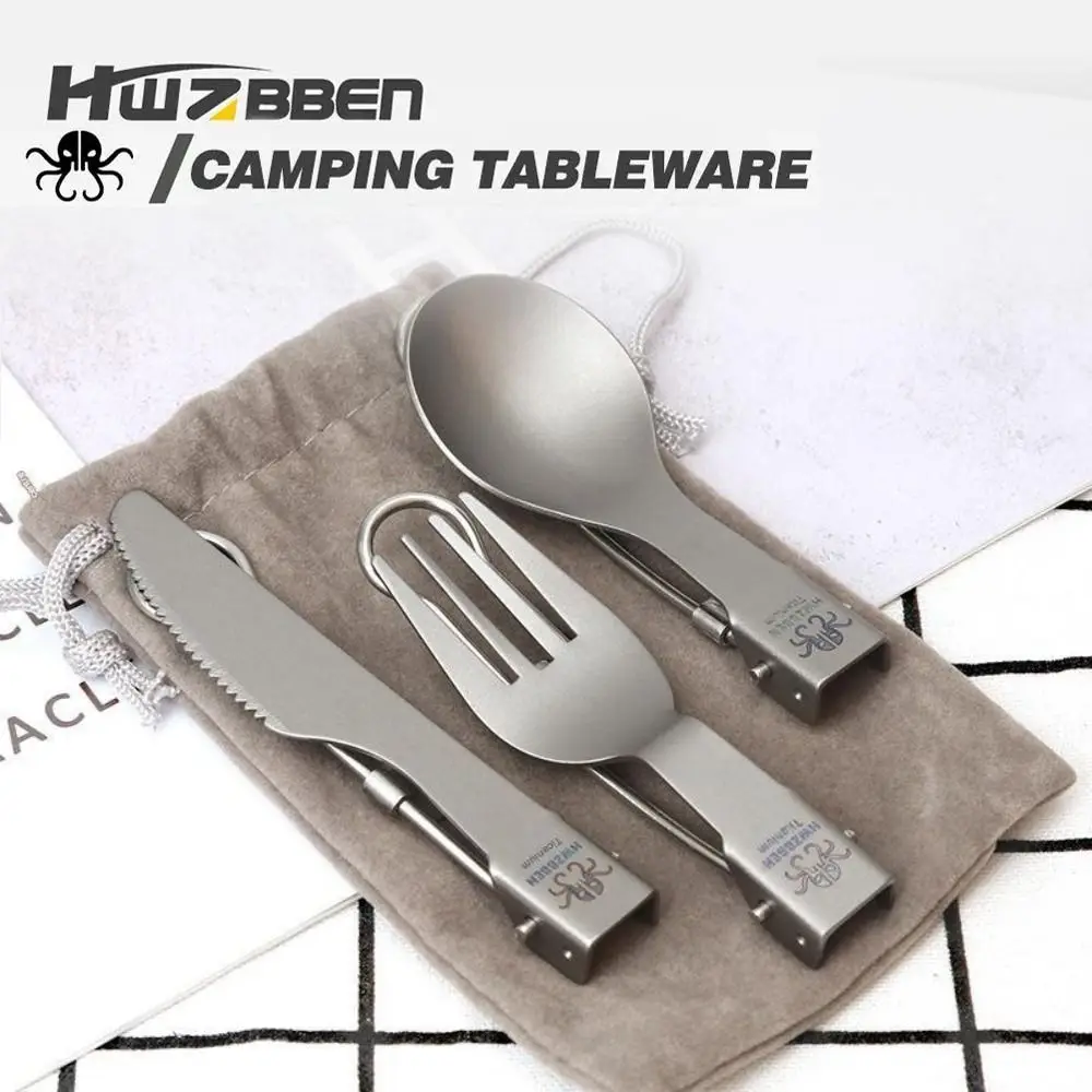 Half Polished Titanium Folding Spork Lightweight Foldable Outdoor Tableware Set Travel Kit Portable Camping Fork Spoon