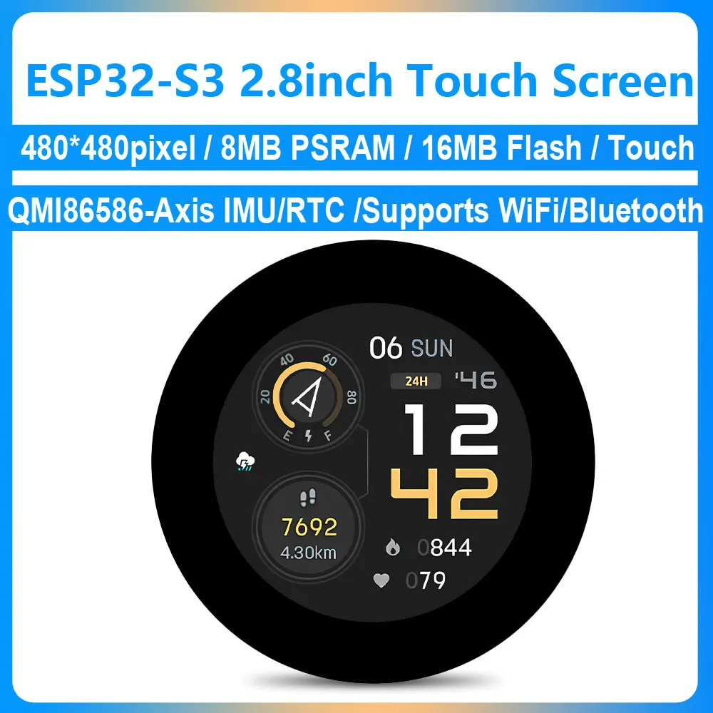 ESP32 S3 2.8inch Round LCD Display Touch Screen 480x480Pixel QMI8658 Sensor/MIC/SD/MP3  Audio/Battery Port LVGL/HMI For Arduino