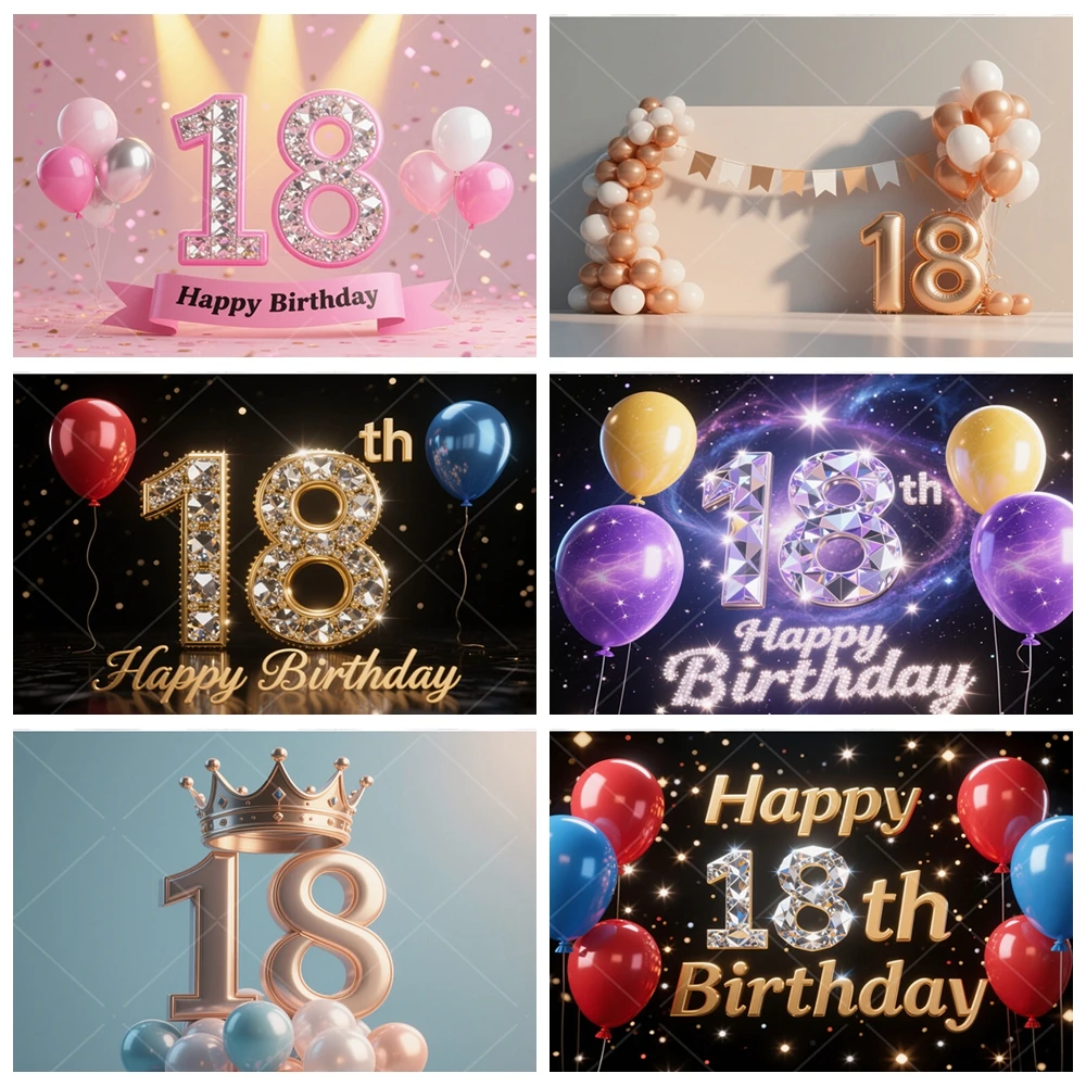 

Happy 18th Birthday Party Banner Background Adult Glitter Diamond Birthday Party Portrait Decoration Backdrop photography Studio