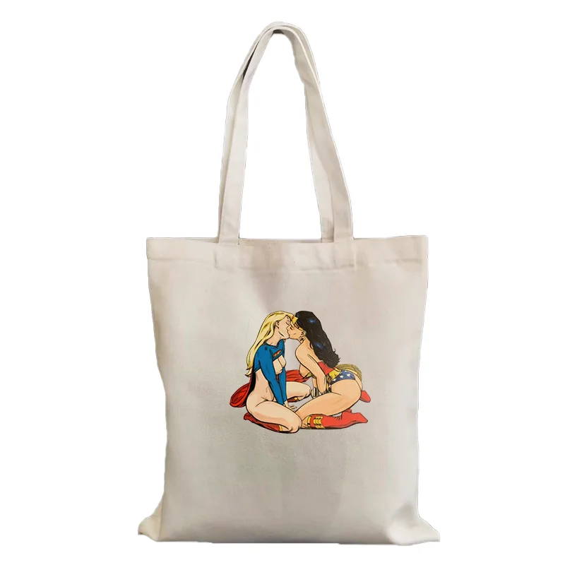 Kissing Lesbian Printed Harajuku Shopping Bag Canvas Shopper Bag Shoulder Bag Reusable women's Canvas Shopping Bag