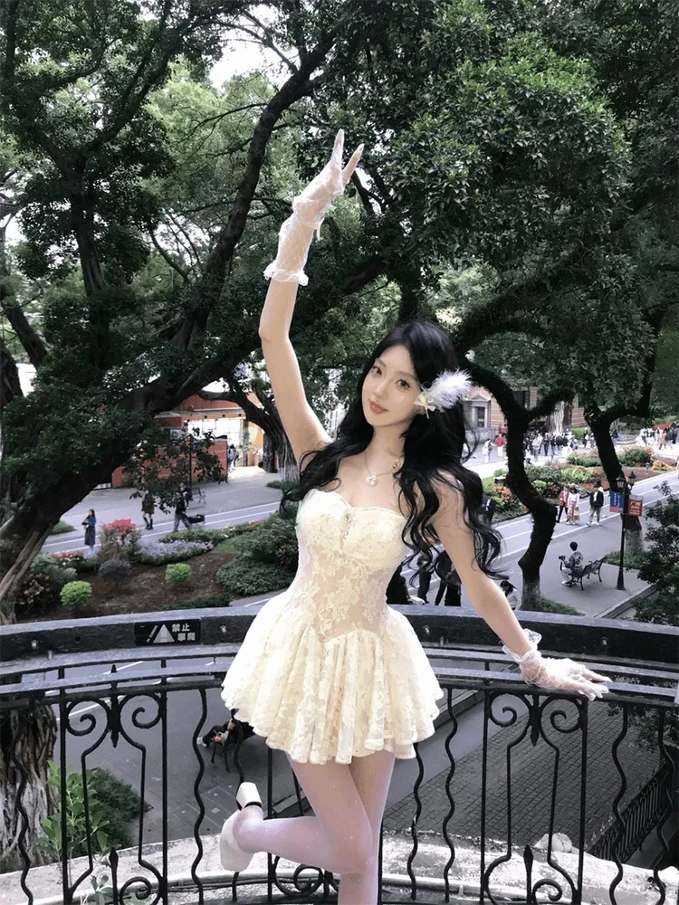 

Женская юбка XZY Heavyweight Lace Bustier Dr с высокой талией, пышная, короткая, в стиле принцесс, больших размеров, из полиэфирного волокна