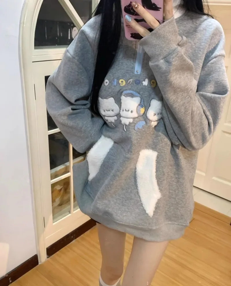 Japanese Subculture Y2k Millennial Two-dimensional Kitten Embroidered Plush Stand-up Collar Winter Loose Top Sweater For Women