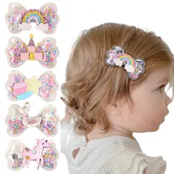 ncmama 2Pcs Rainbow Swan Unicorn Castle Star Hair Bow Clips for Baby Girls Transparent PVC Bow Hairpin Headwear Hair Accessories