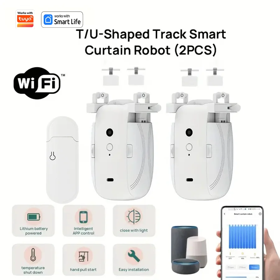 

1/2pcs Smart WiFi Curtain Robot with Wi-Fi Gateway, APP Remote Control, Automatic Opening Hand Pull Start，Compatible with Alexa