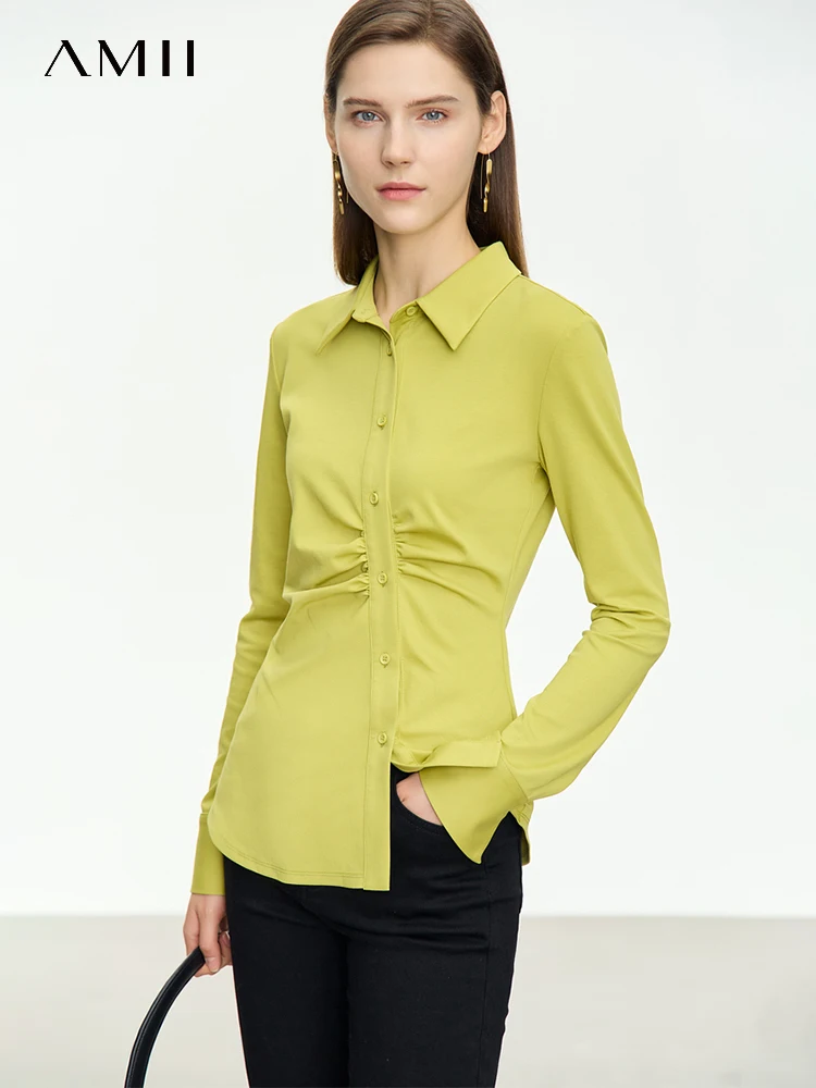 

AMII Minimalism Asymmetrical Shirt for Women 2023 Autumn New Niche Folds Slim Office Lady Solid Female Shirts & Blouses 12343069