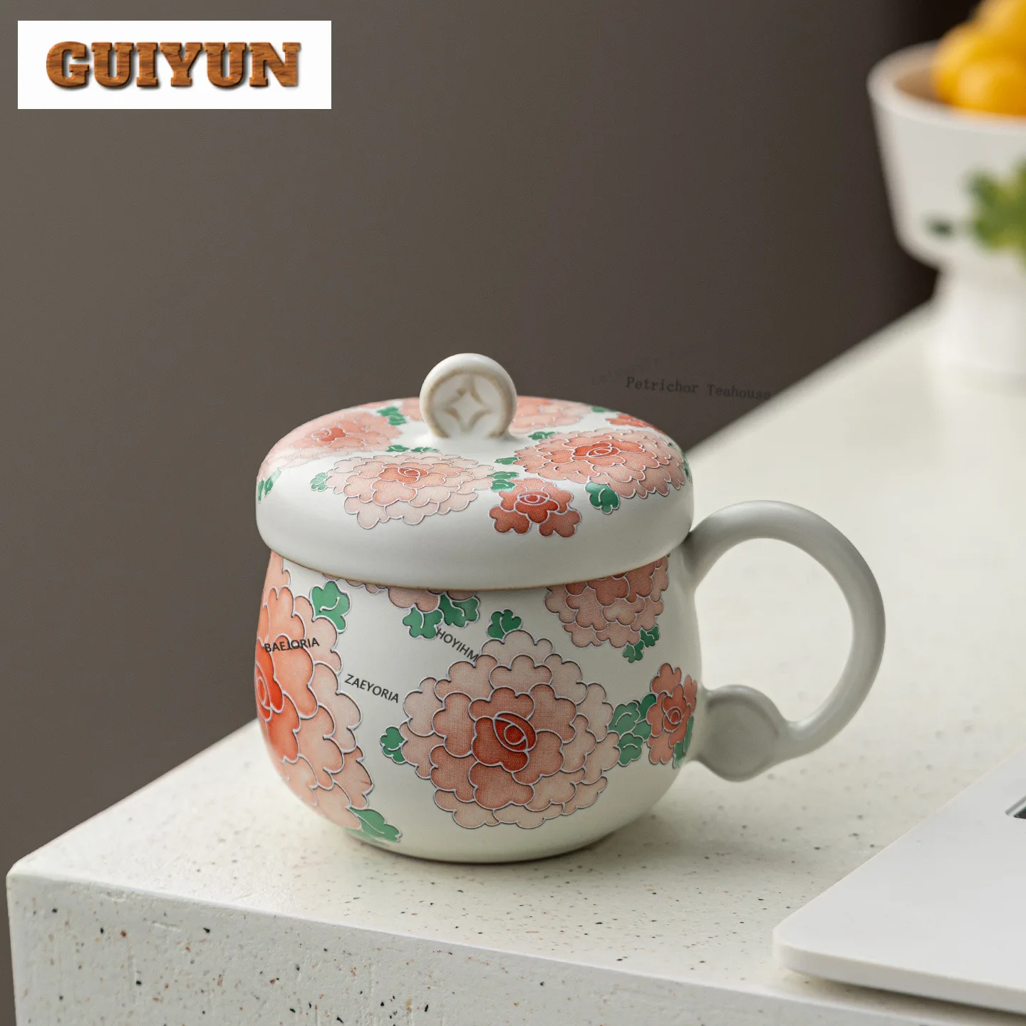 320ml Ru Kiln Peony Ceramic Filter Tea Separator Cup Aesthetic Tea Mug With Infuser Handgrip Cups Tea Soaking Office Water Cup