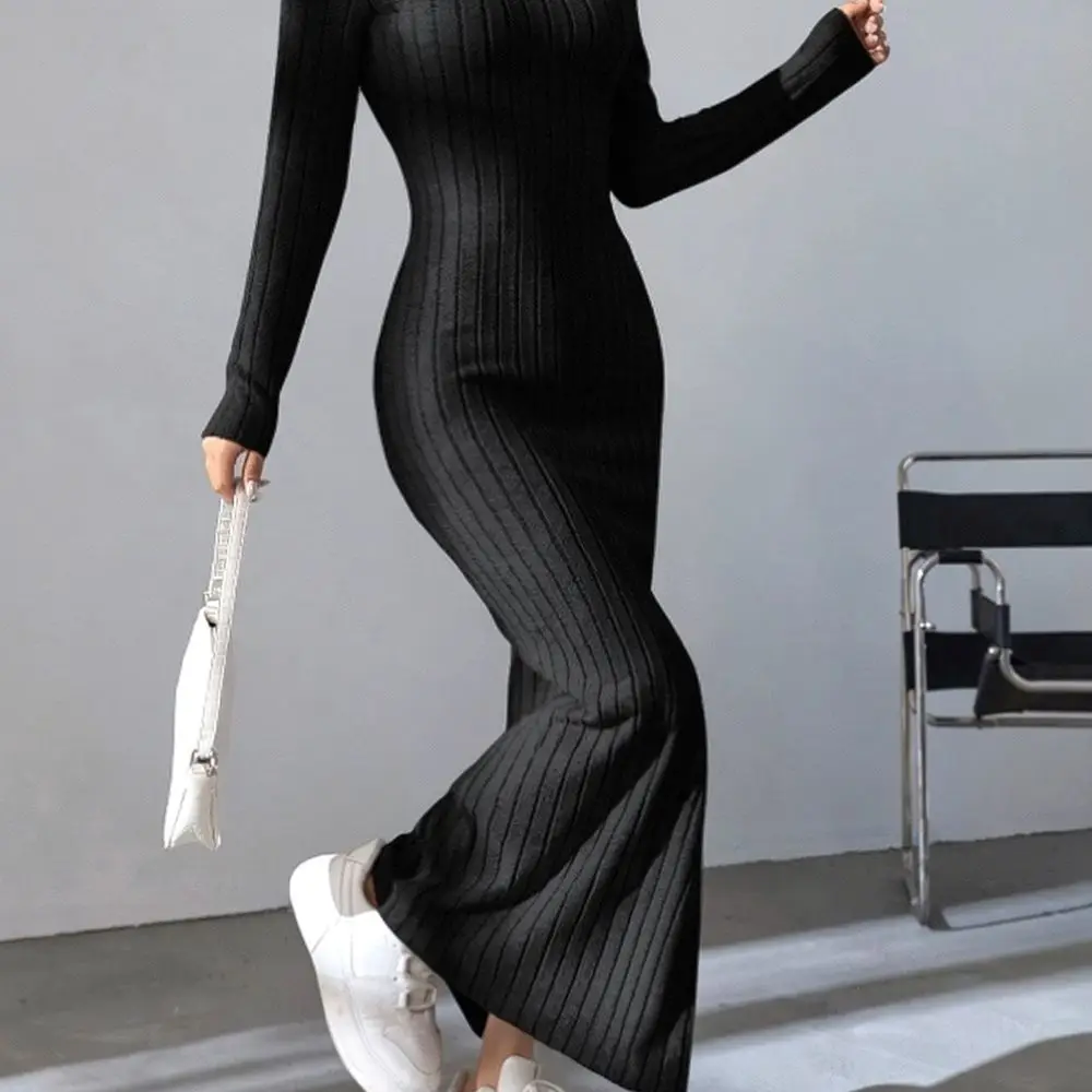 Autumn Elegant Long Sleeve Bodycon Dress Women Lapel Collar Slim Fit Knit Casual Office Work Business Party Streetwear