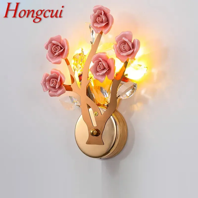 Hongcui Contemporary Crystal Wall lamp Creativity Ceramics Rose Blossoms Living Room Bedroom Girl's room Villa LED Bedside Light