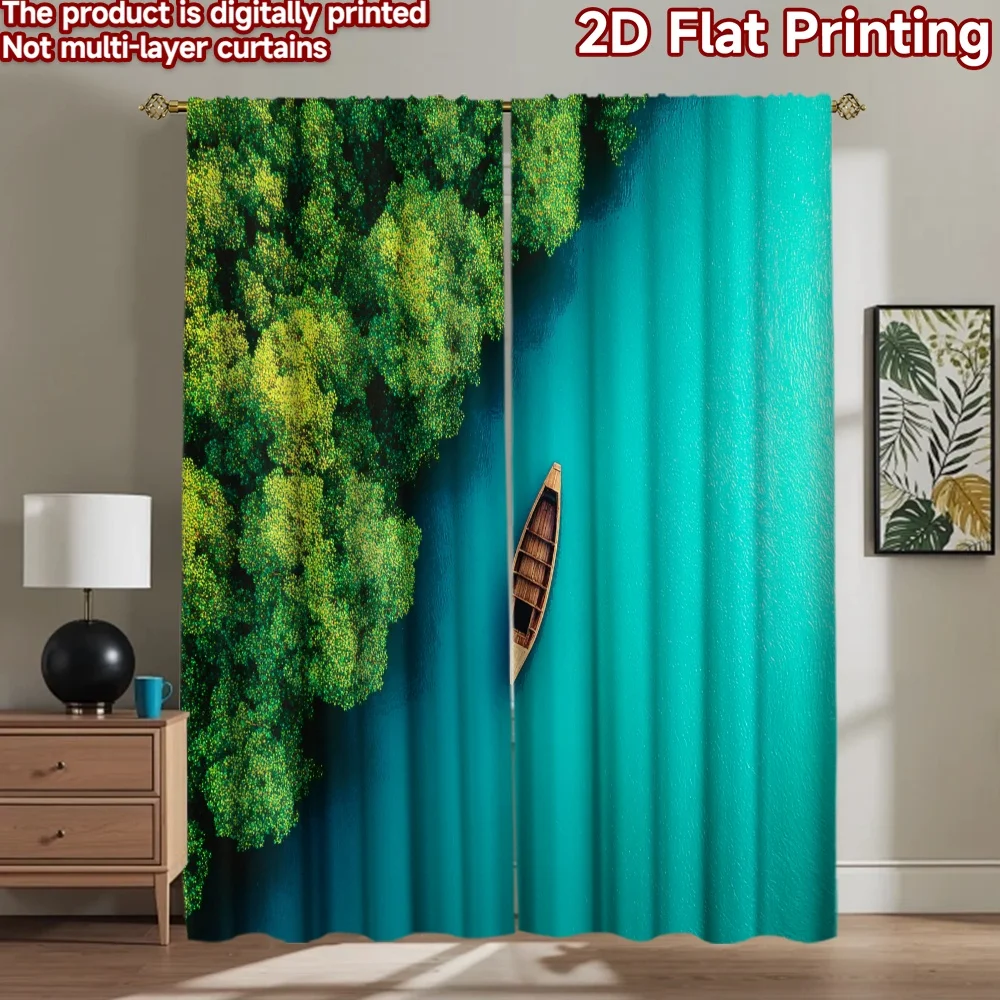 

2D flat printing 2pcs Curtains Aerial Boat Green Trees Digital Printed Polyester Drapes Festive Curtains Perfect for Home &
