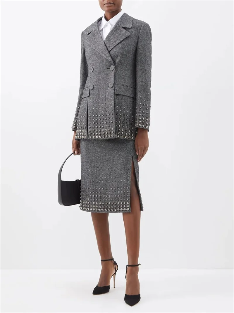 Luxury Crystals Women Suit Set 2 Pcs Blazer Prom Dress Grey Formal Business Office Lady Jacket Customized Wedding Coat