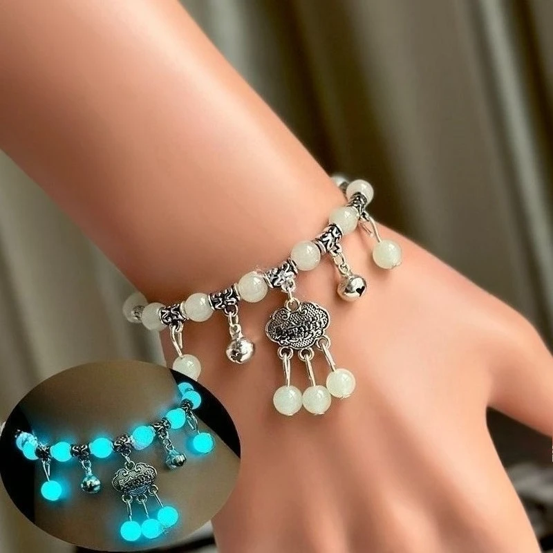 Traditional Ankle Bells Silver Dance Foot Jewelry Glowing Stone Longevity Lock Red Braided Anklet Ethnic Style Folk Accessory