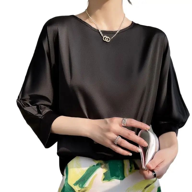 

Spring Summer Satin Silk Lantern Sleeve Tee Tops Solid Women Casual Elegant Artificial silk Shirts Ladies Loose Blouses