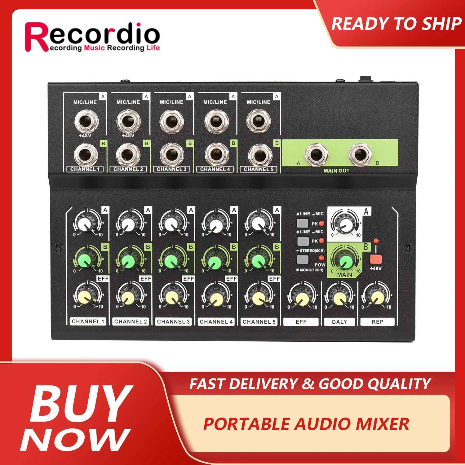 Mixing Console Audio Mixer, Mic Estéreo, Line Mixer com Reverb, 48V Phantom Power, Gravação, Transmissão ao Vivo, 10 Canais