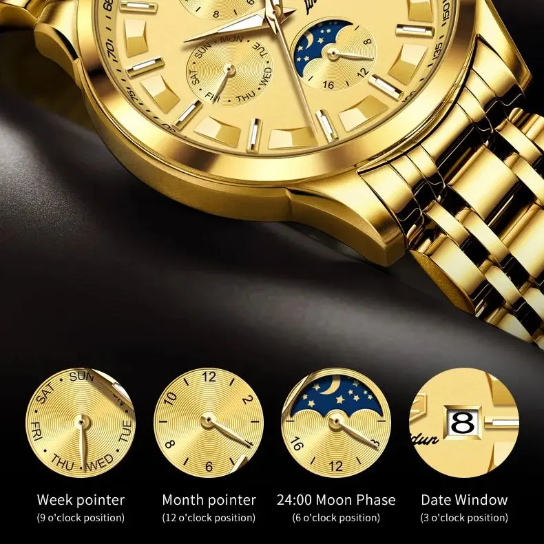 ساعة أوتوماتيكية للرجال من JSDUN مصنوعة من الستانلس ستيل ، قرص كبير ، ذهبي ، مقاوم للماء ، تقويم ، أنيق ، ميكانيكي ، فاخر ، 49