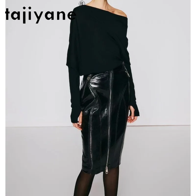 TAJIYANE Genuine Patent Sheepskin Leather Skirt Black Women's Skirts Midi Skirt High Waist Slimming Bodycon Skirts 2026 Woman