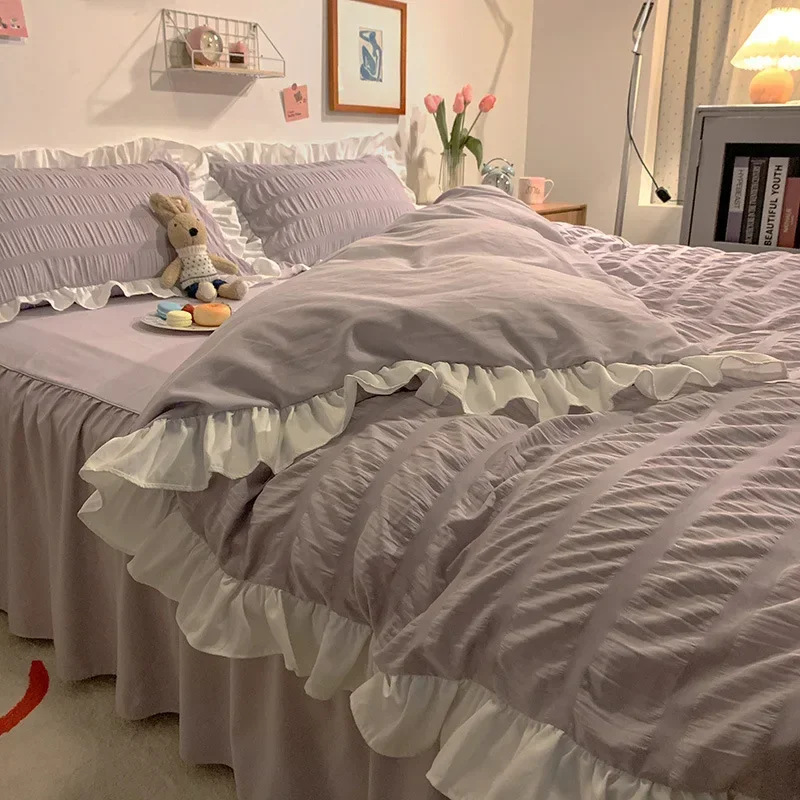 

Pink Ruffled Seersucker Duvet Cover Set 3/4pcs Soft Lightweight Down Alternative Grey Bedding Set with Bed Skirt and Pillowcases