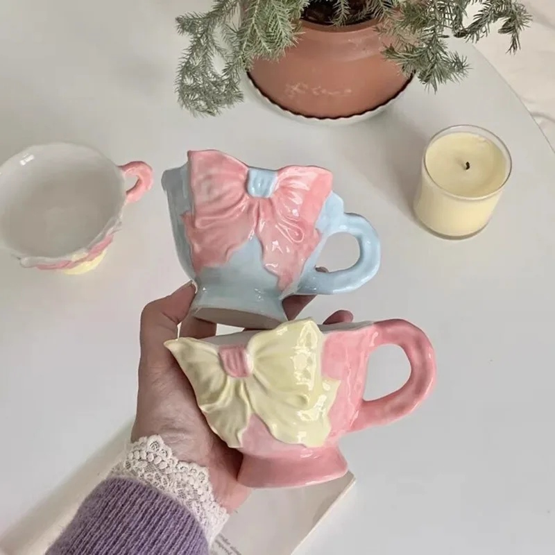 

Bowknot Under Glazed Ceramic Coffee Mugs Beautiful Handmade Pocelain Tea Milk Cups Tableware Unique Hand Painted Pink Yellow