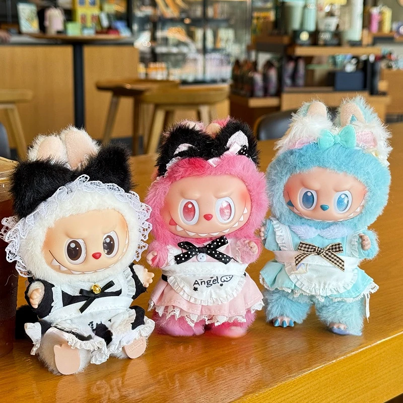 15/17 cm carino Labubu 1a-3a generazione bambola adorabile vestito da cameriera sexy grembiuli multicolori dettagli in pizzo fasce per orecchie di gatto con code di peluche