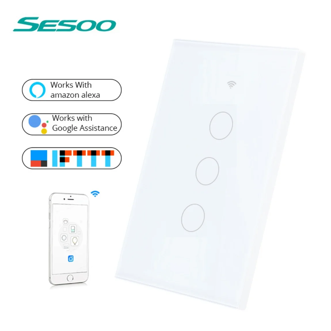 

SESOO US Standard,Wi-Fi 2.4GHz Smart Touch Switch APP Wireless Remote Light Wall Switch, Glass Panel for Alexa / Google Home